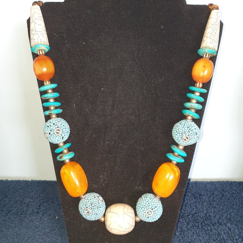 Chunky Vintage Tribal Butterscotch Turquoise Bakelite Statement Necklace